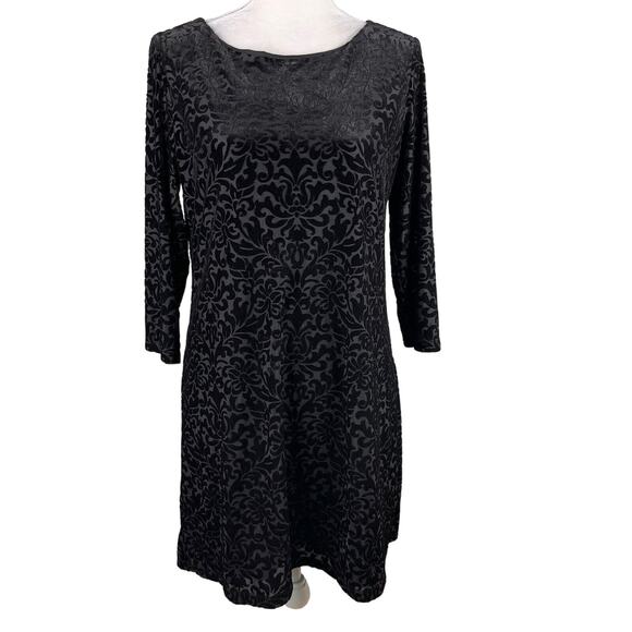 Adrienne Vittadini Dress Black Large Embossed Velvet 3/4 Sleeves Back Zip - Picture 12 of 14